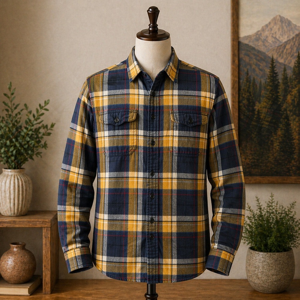 American Eagle Mens Flannel Shirt Athletic Fit Navy Yellow Plaid Medium Long Slv